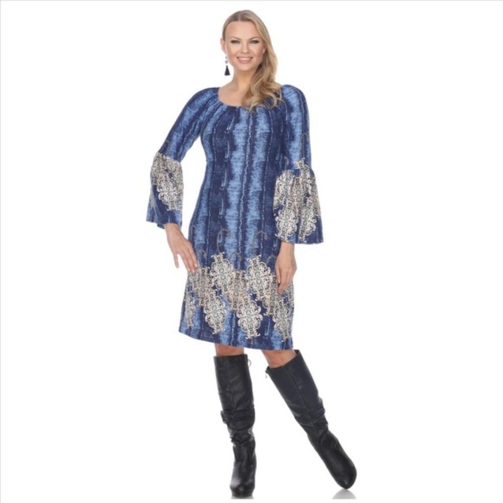 Bell Sleeve Peasant Dress - Blue